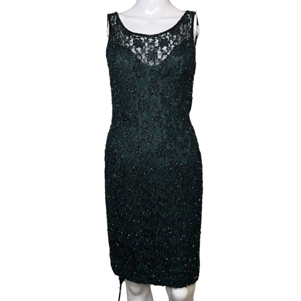 Y2K Beaded Lace Deep Green Carmen Marc Valvo Cocktail Dress W/ Jacket Size 4
